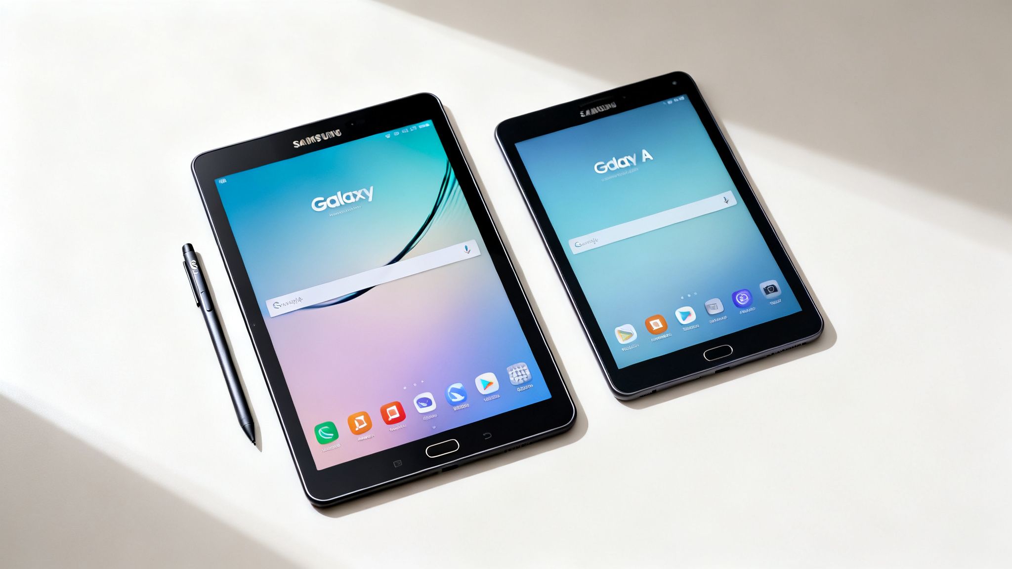 Two black Samsung Galaxy tablets are displayed on a white surface with a stylus.
