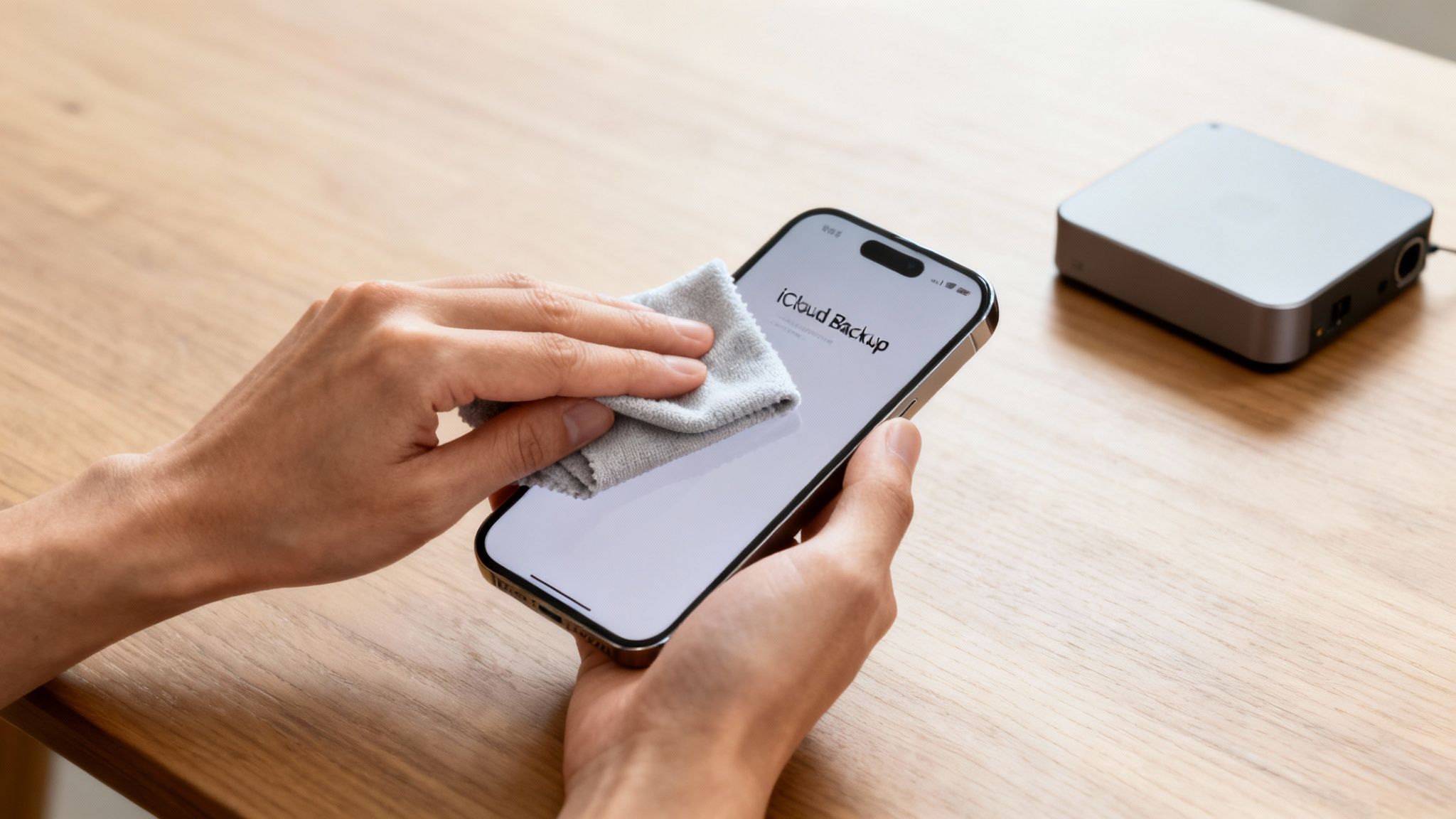 Person cleaning an iPhone screen displaying 'iCloud Backup' with a gray microfiber cloth.