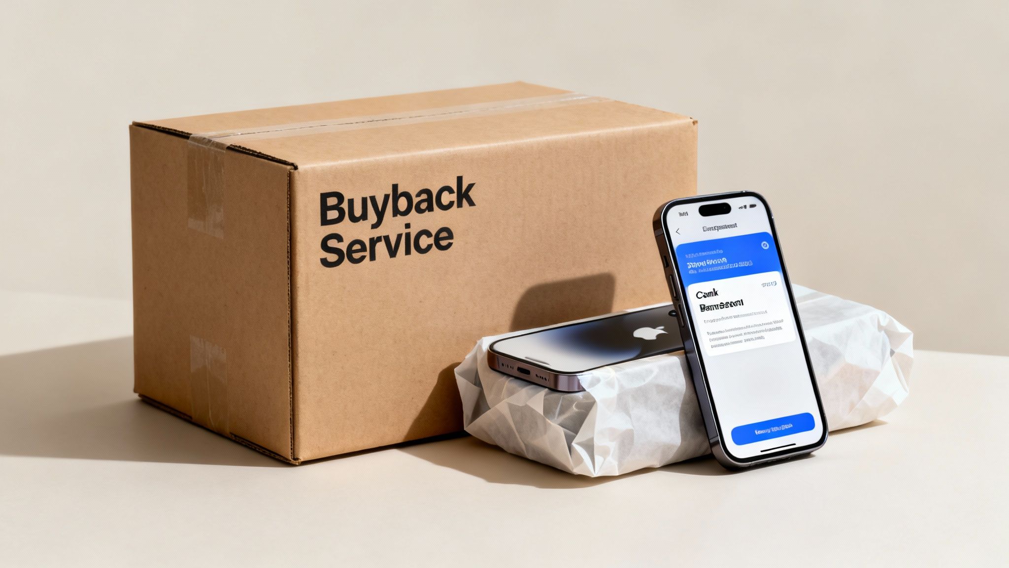 A cardboard box labeled 'Buyback Service' with two modern smartphones, one displaying a mobile app.