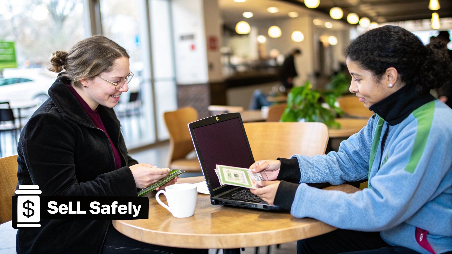 Two people meeting in a public cafe to exchange a laptop for money.