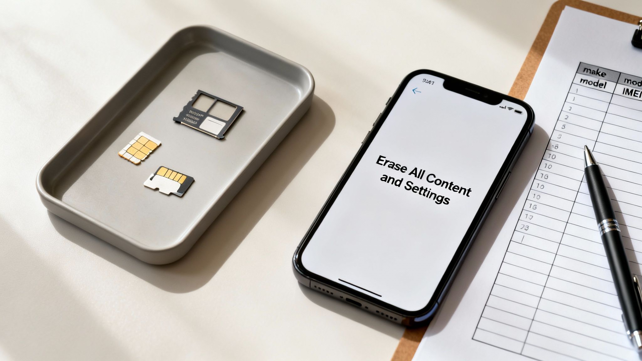 A smartphone showing 'Erase All Content and Settings,' with SIM cards and a device checklist.