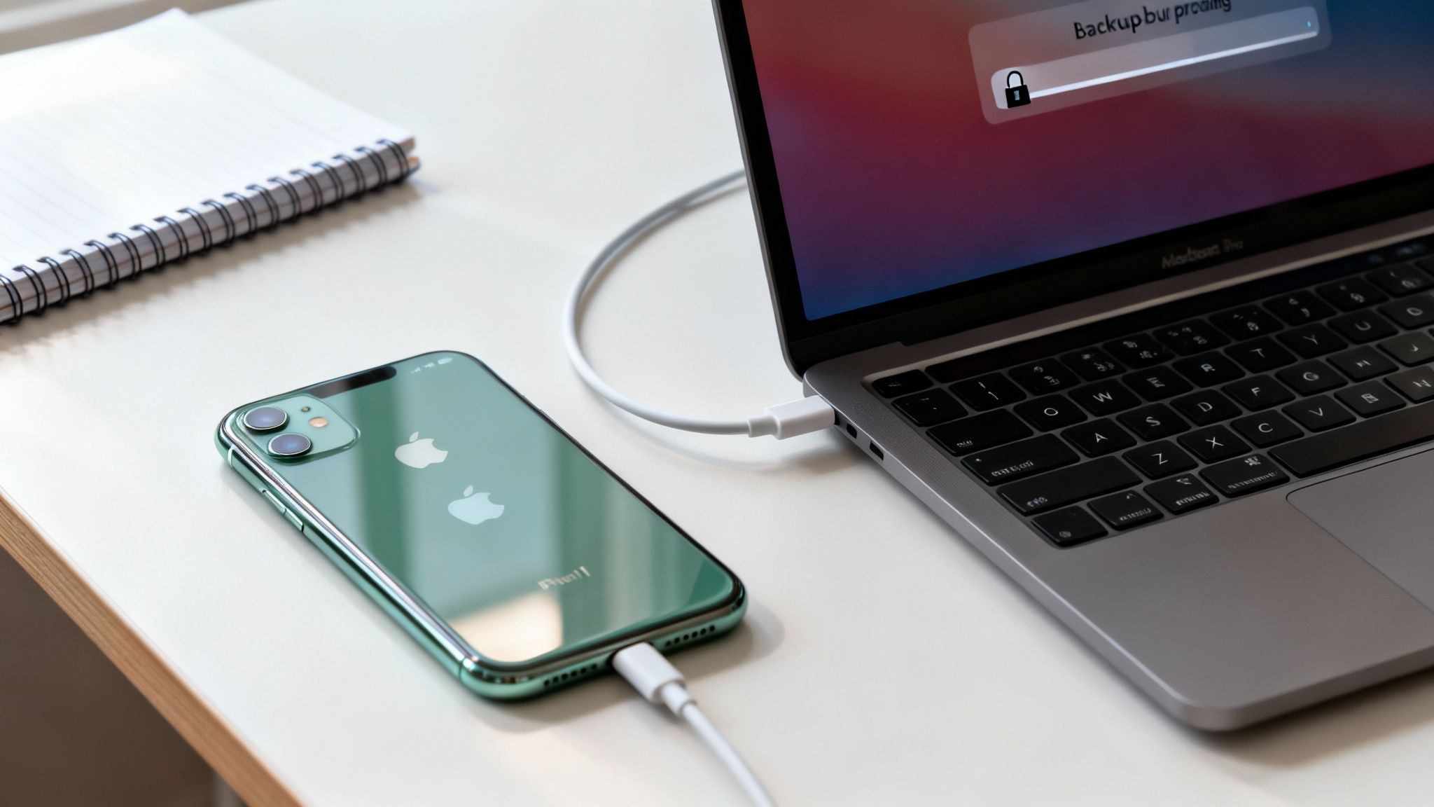 A green iPhone 11 is connected to a MacBook Pro via a white USB-C cable, showing a backup in progress.