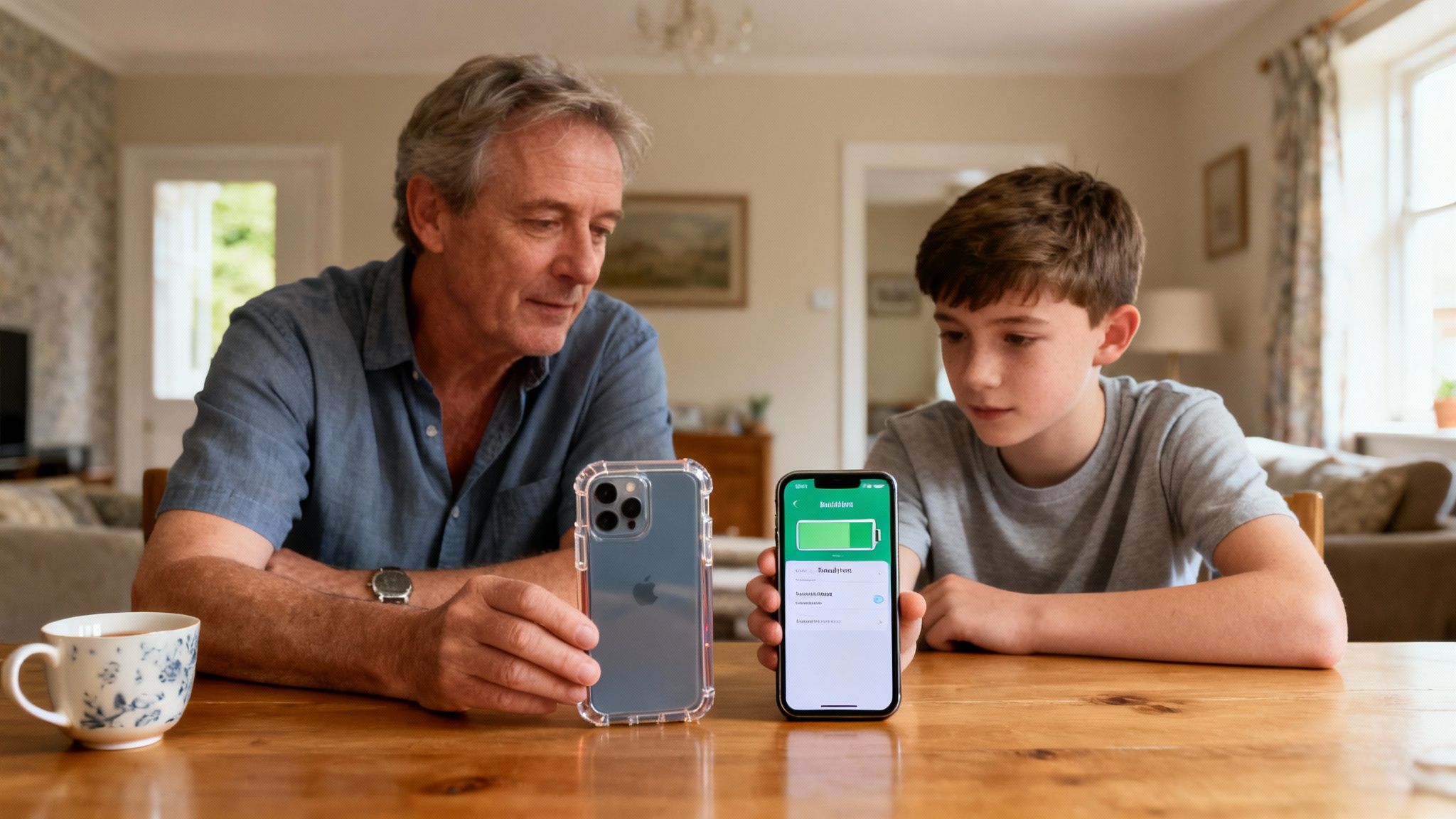 An adult man and a boy examining two iPhones, one displaying a battery health screen.