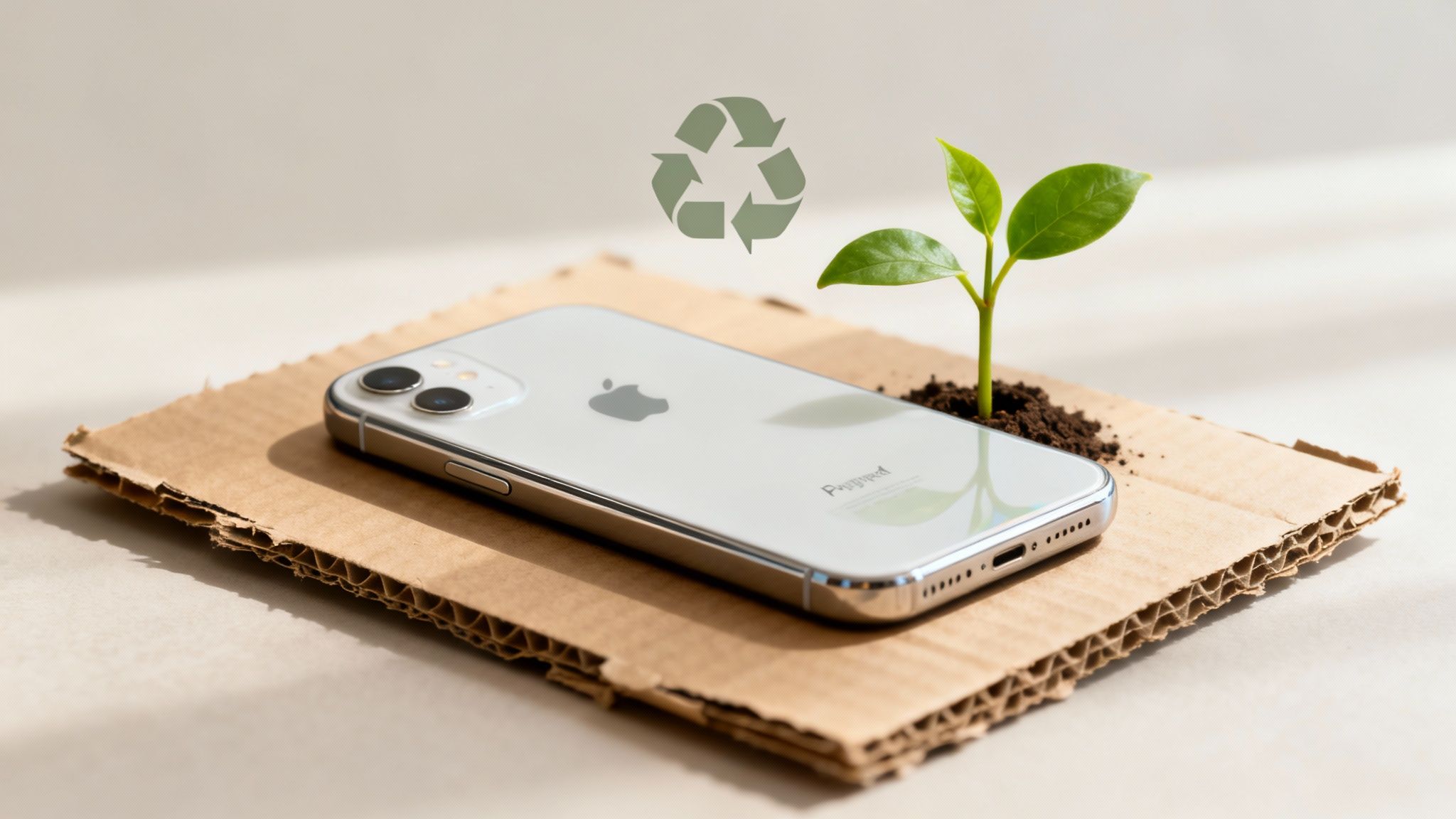 A white iPhone on cardboard with a green plant and recycling symbol, symbolizing eco-friendly tech.