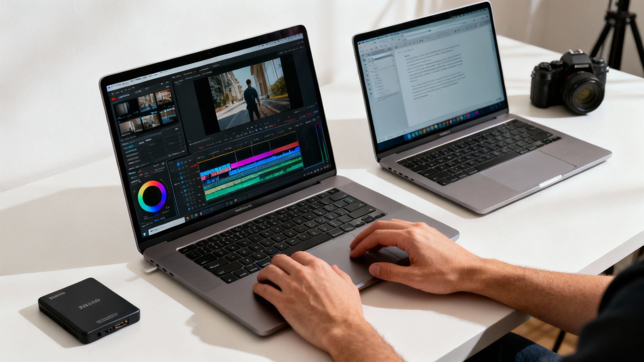 Hands operate a MacBook Pro editing video next to another MacBook and a camera on a white desk.