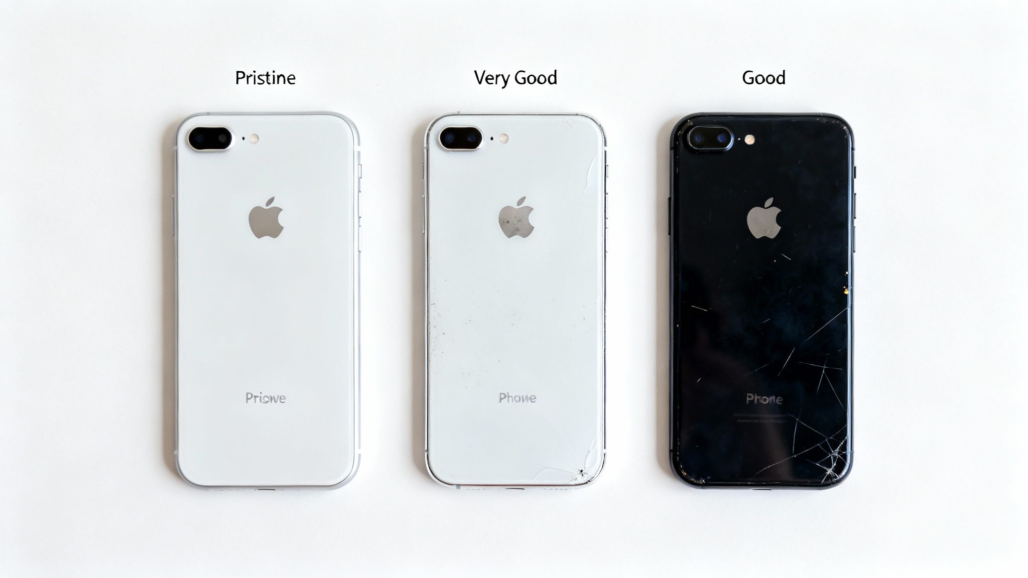 Three refurbished iPhones showing pristine white, very good white, and good black conditions with cracks.