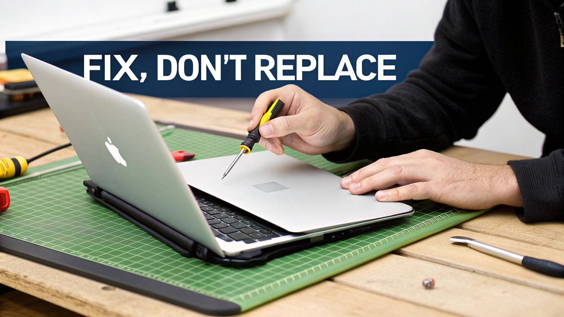 A person's hands carefully repairing a disassembled smartphone with small tools.