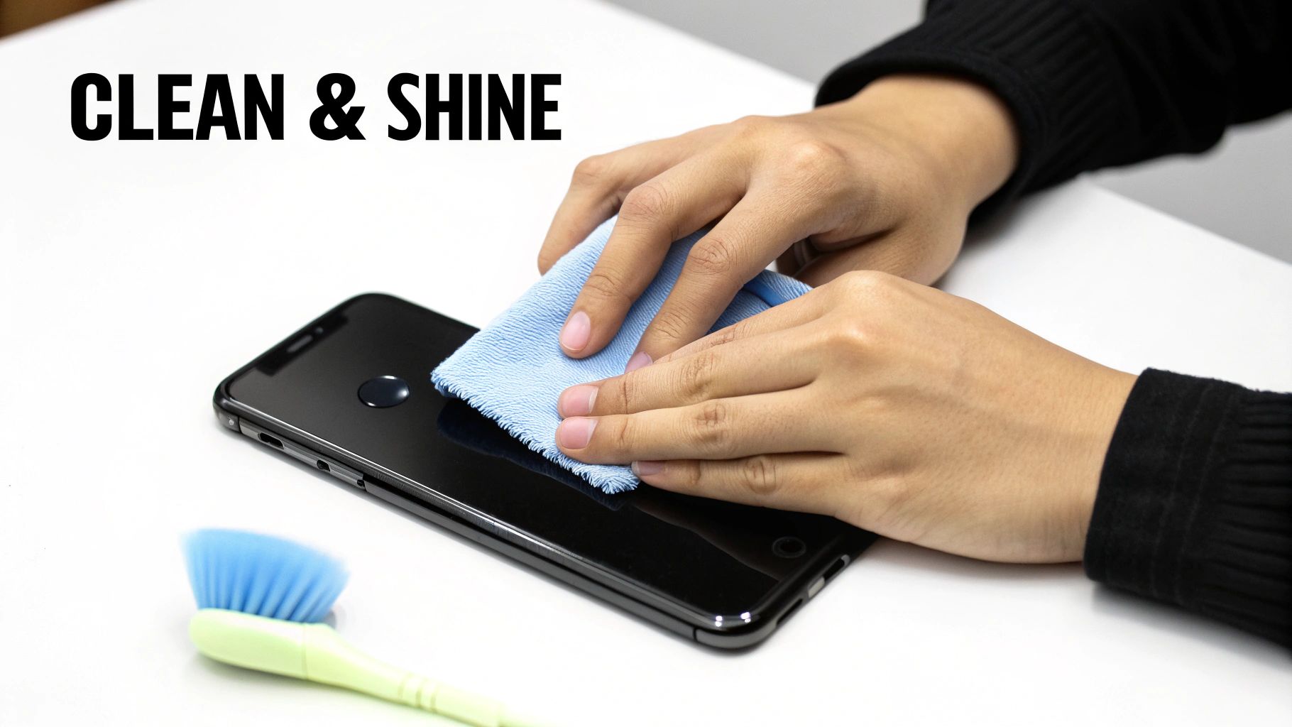 A person carefully cleaning an iPhone screen with a soft cloth.