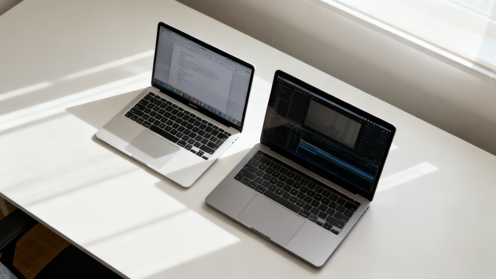 Two open MacBooks, one silver and one space gray, on a white desk with sunlight.
