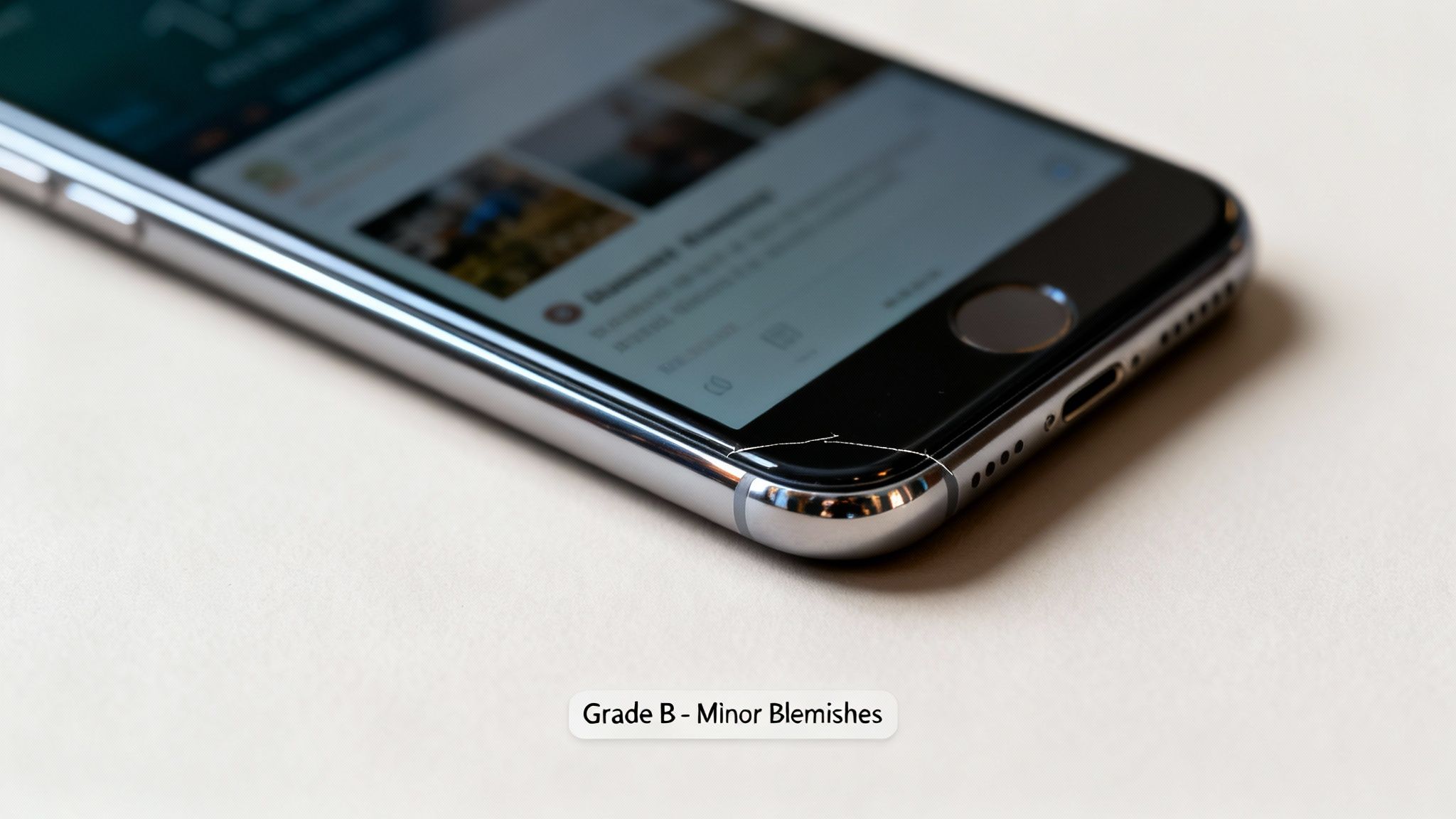 Detailed view of a silver iPhone with a visible crack on the screen's bottom right corner, indicating minor blemishes.