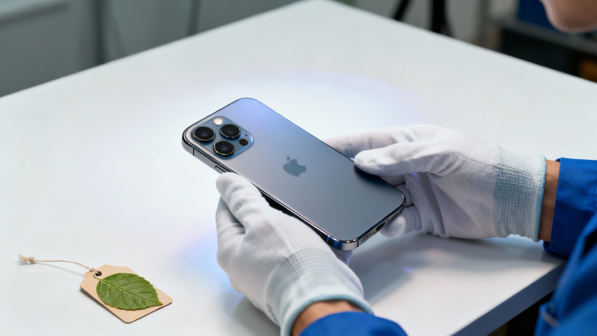 A person in white gloves holds a blue iPhone 13 Pro Max, with a sustainability tag nearby.