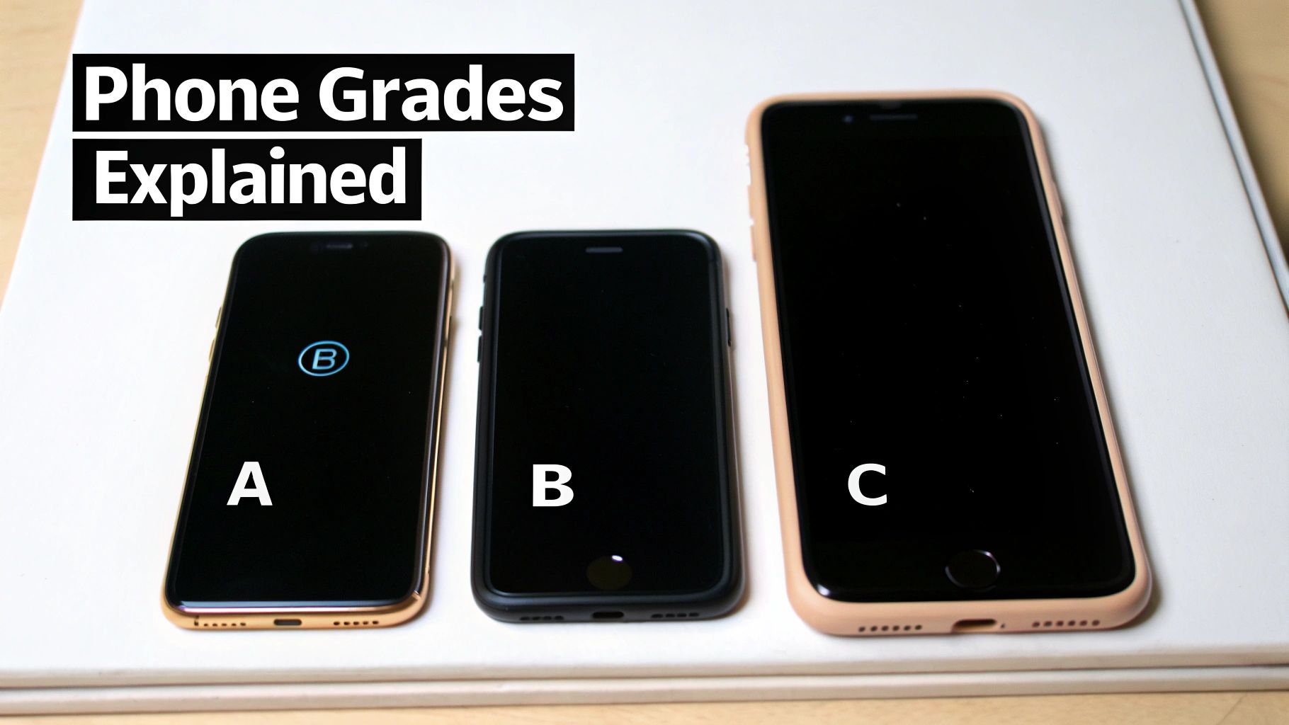 A close-up shot of different iPhones lined up, each showing a different cosmetic grade from pristine to slightly scuffed.