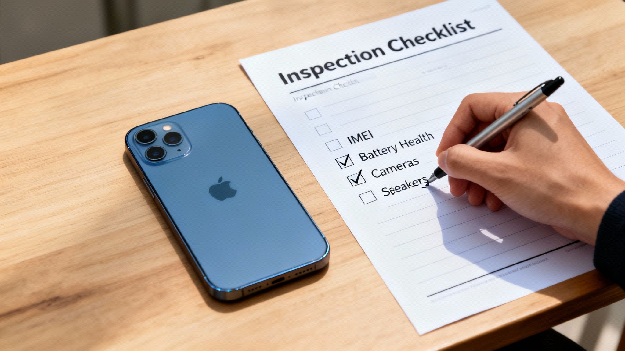 A hand inspects a blue iPhone 12, checking 'Battery Health' and 'Cameras' on a checklist.
