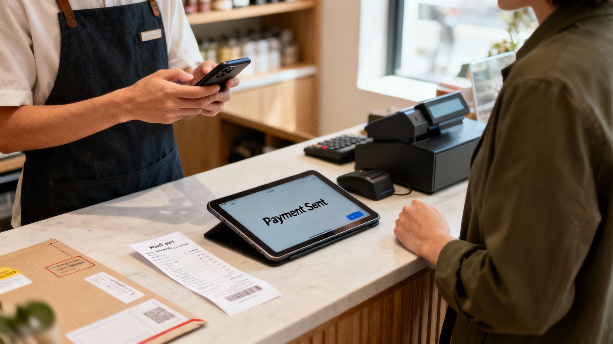 A cashier holding a smartphone processes a payment while a tablet displays 'Payment Sent' to a customer.