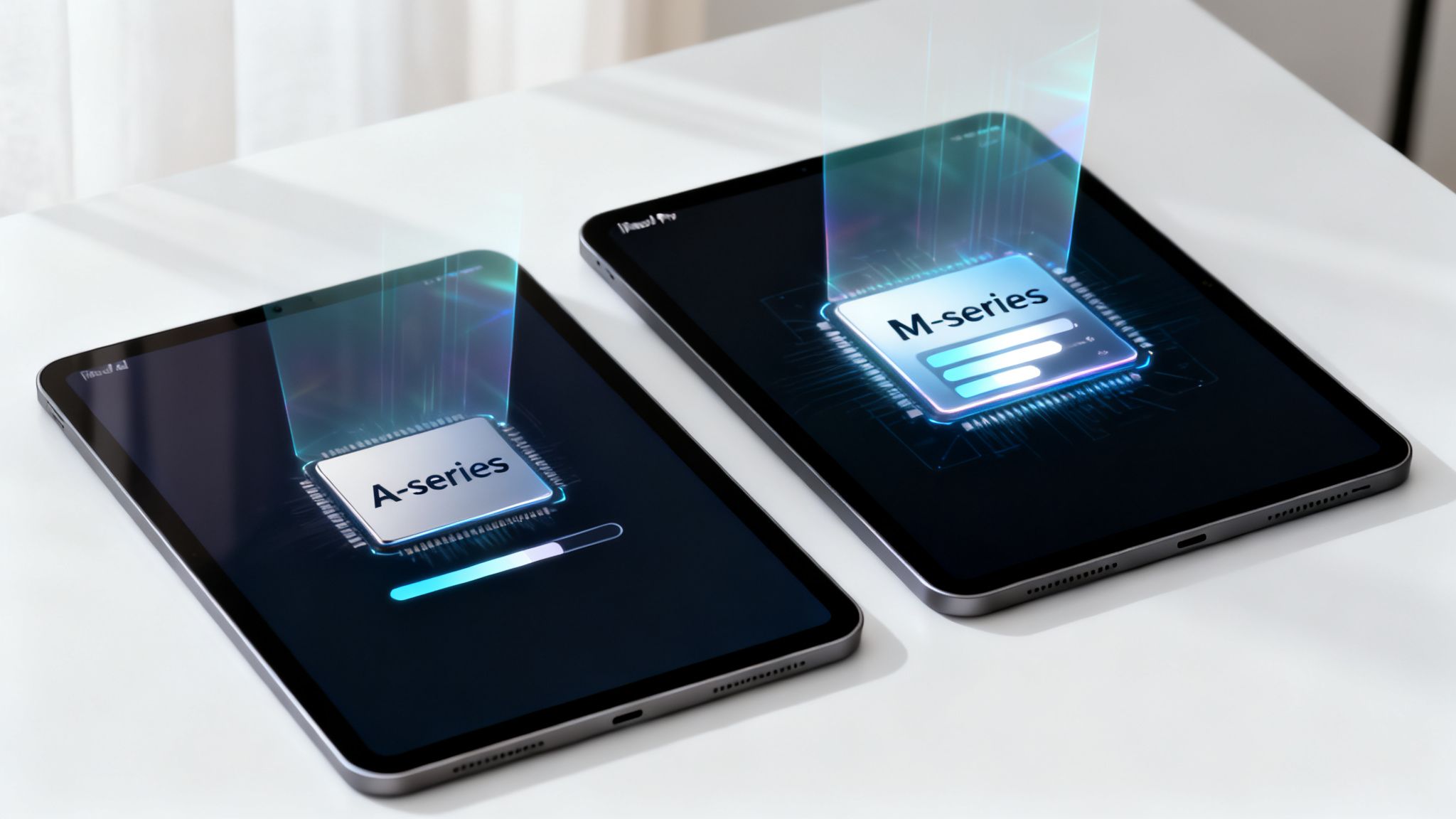Two tablets display A-series and M-series chip graphics, illustrating performance and processing power comparison.
