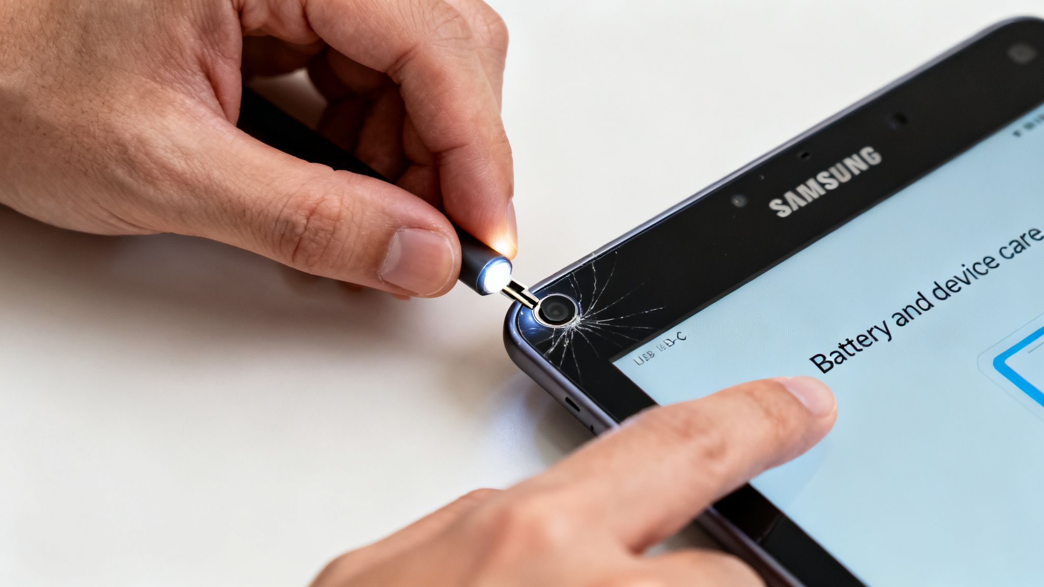 Person using a small flashlight to inspect a cracked Samsung tablet screen with a finger pointing.