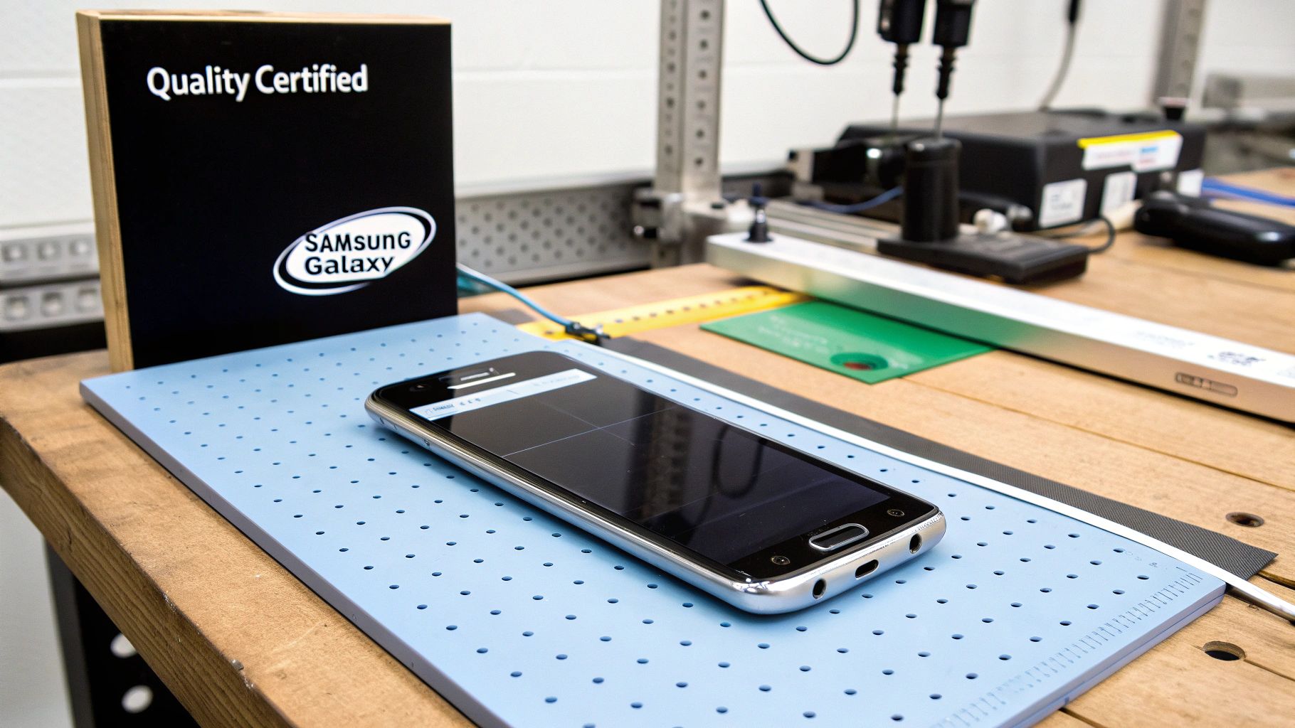 A close-up of different refurbished Samsung Galaxy phones lined up, each showing a different grade from pristine to good condition.