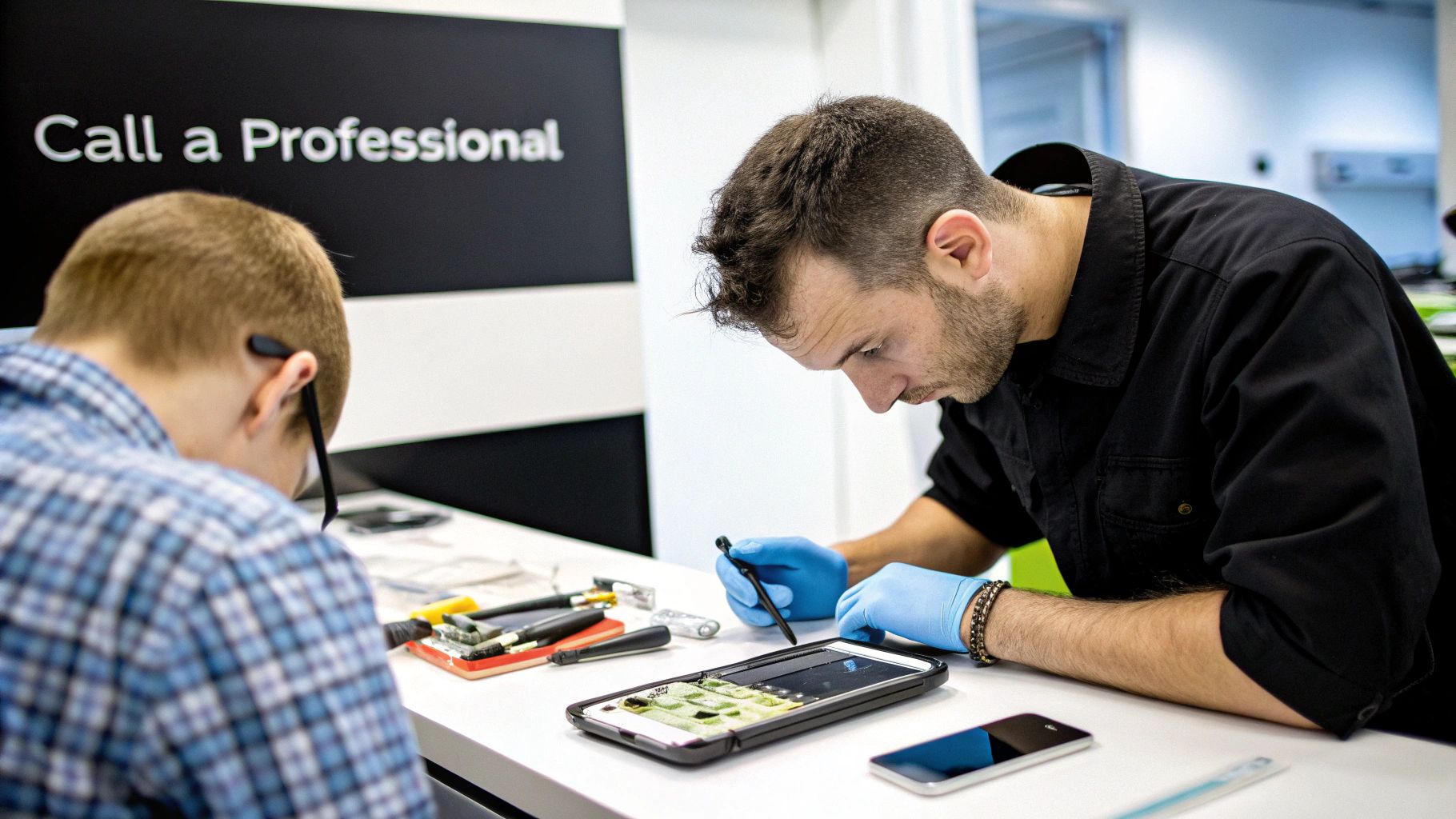 A close-up of a technician examining the charging port of an iPhone with professional tools.