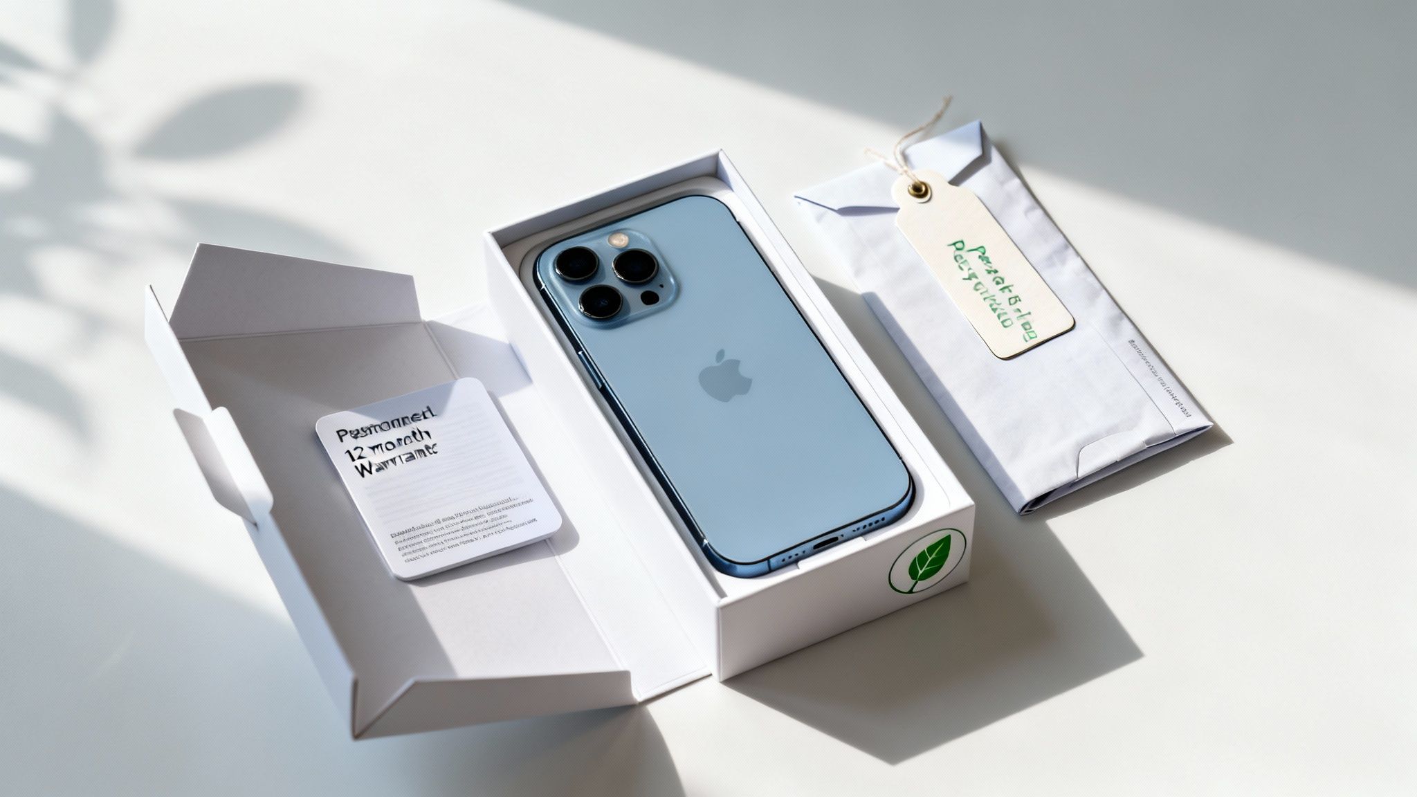 A blue iPhone in an open box with a 12-month warranty card and recycling envelope.