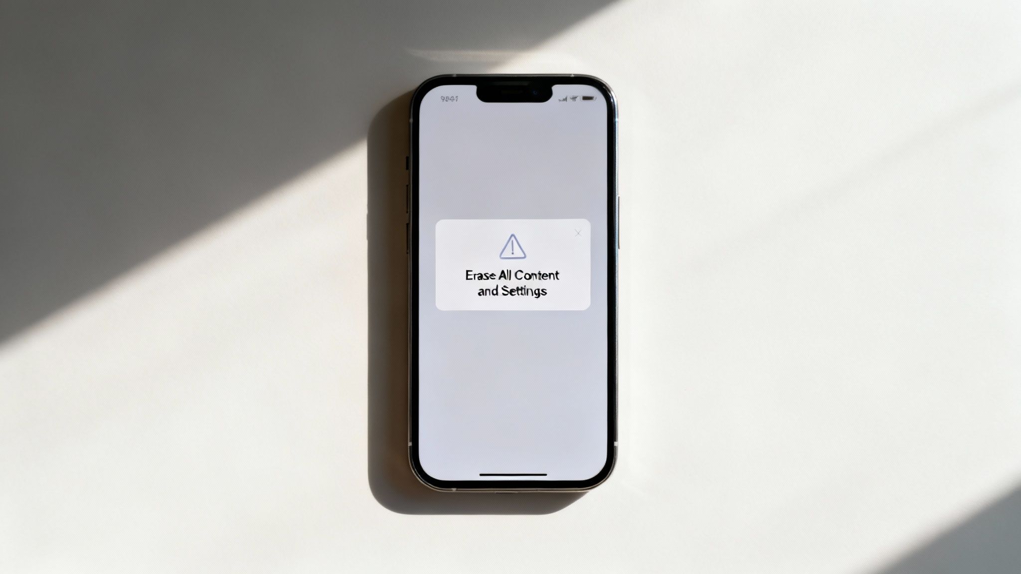 An iPhone screen shows a pop-up message: 'Erase All Content and Settings' with a warning icon.