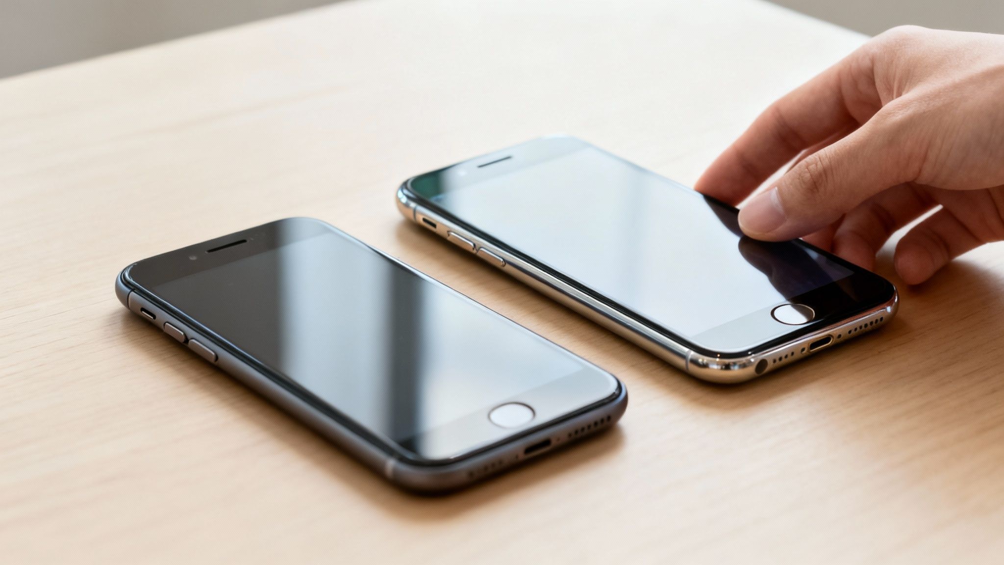A person's hand reaches for a silver smartphone, with another dark smartphone beside it on a wooden table.