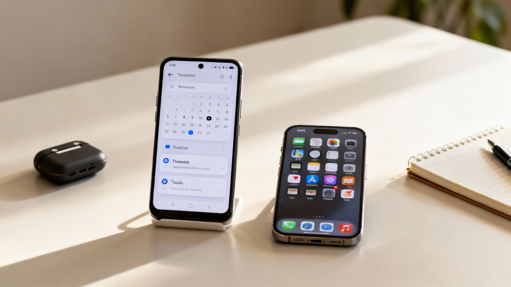 A desk setup with an Android phone, an iPhone, earbuds, and a notepad.