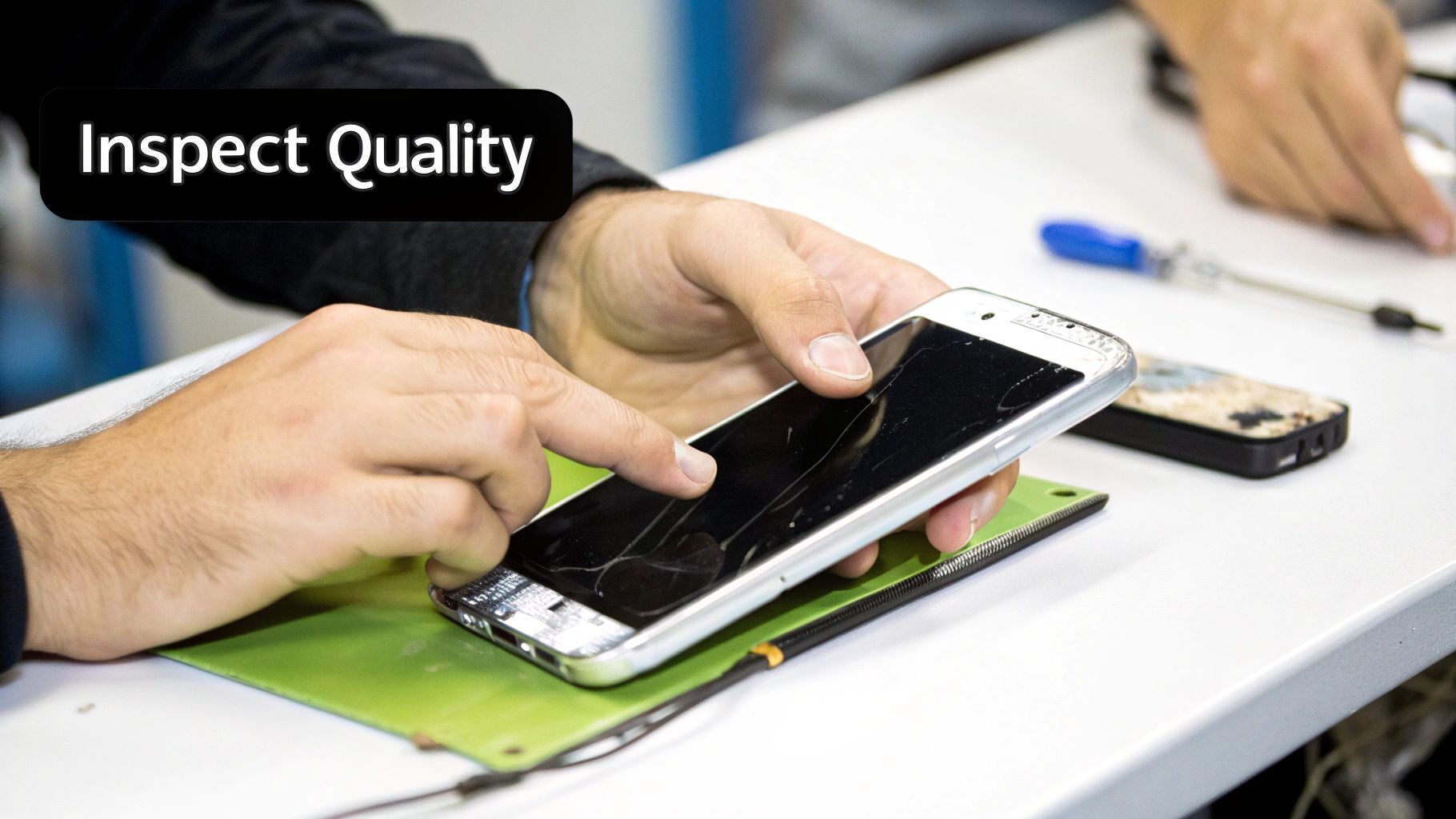 A person holding a modern smartphone, with a blurred background suggesting a retail environment.