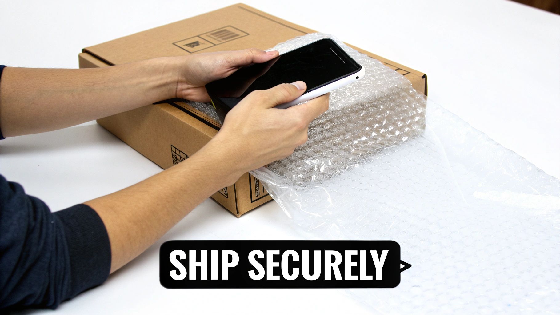 A neatly packed smartphone in a box with bubble wrap, ready for postage, with a Royal Mail logo visible nearby.