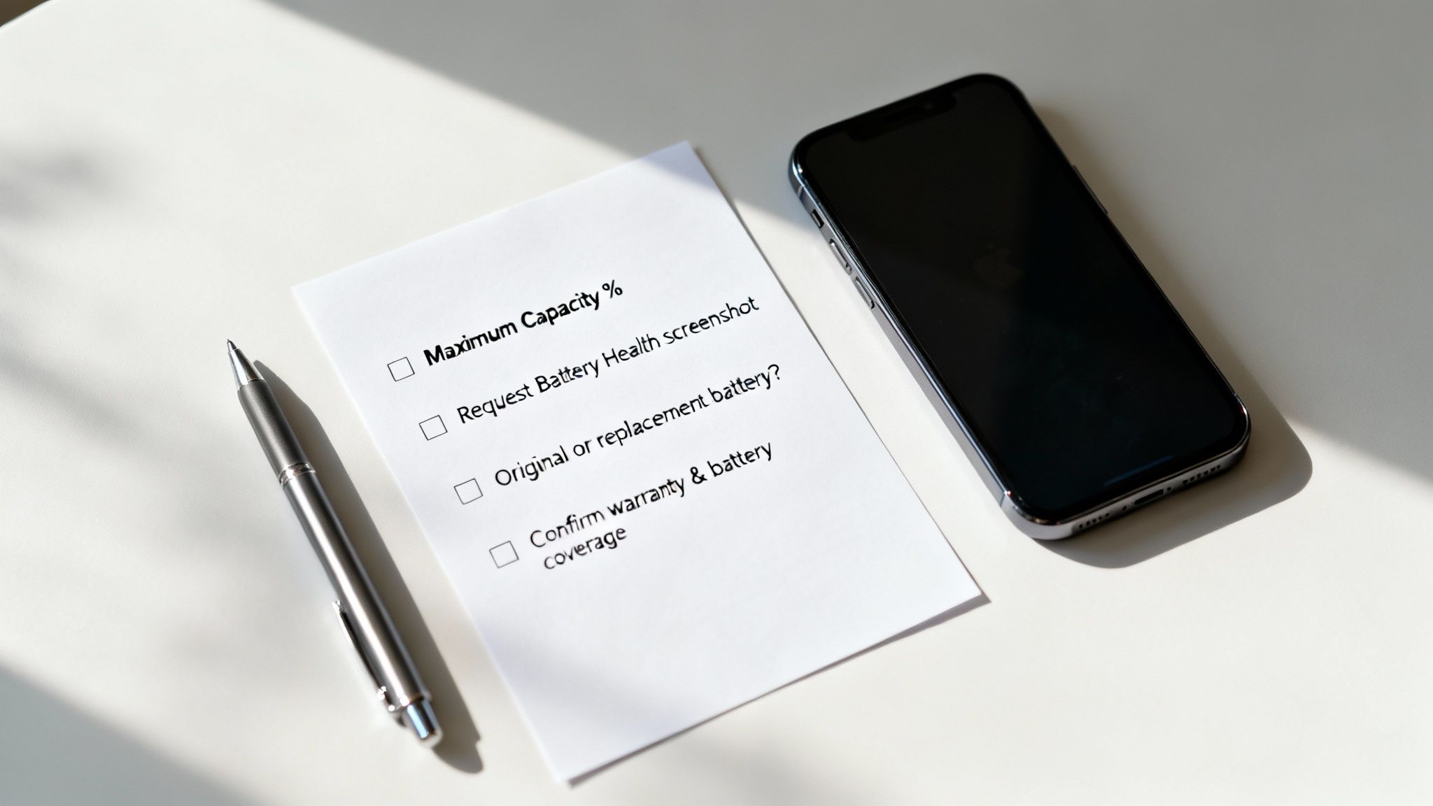 A checklist on battery health for a phone, a pen, and a black smartphone on a white table.