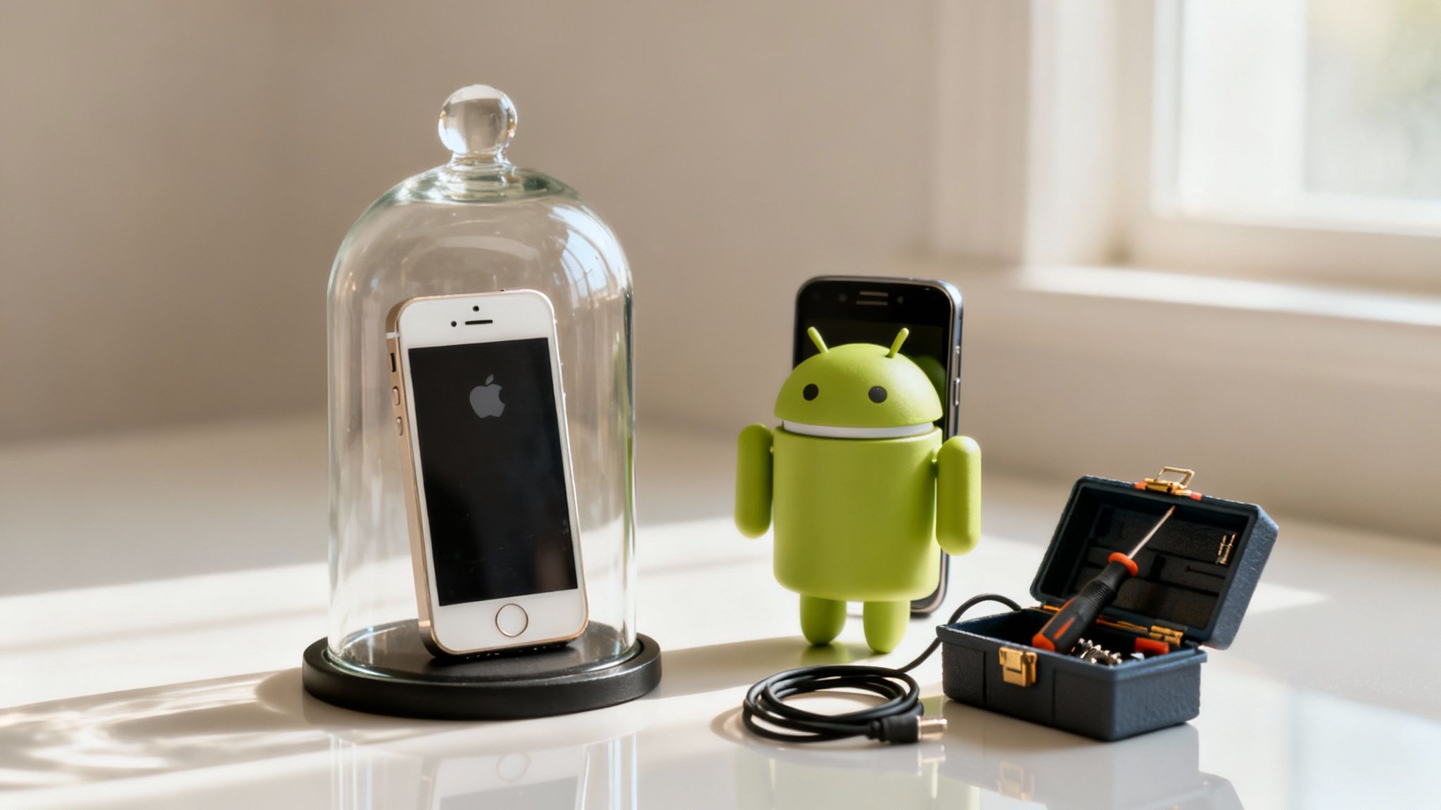 An iPhone under a glass cloche, an Android figurine, an Android phone, and a toolkit.