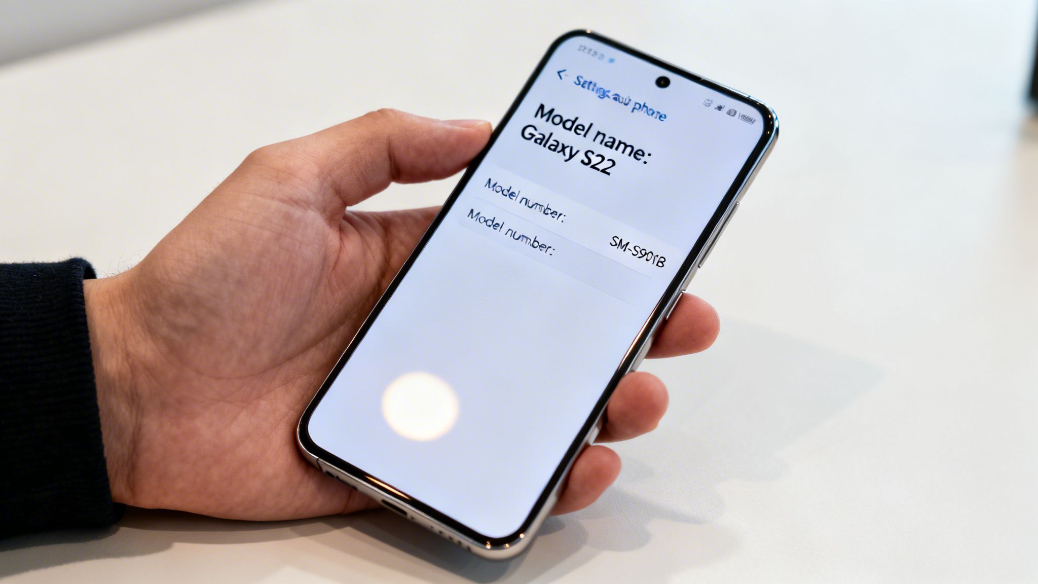 A person holds a Samsung Galaxy S22 phone displaying its model name and number on the screen.