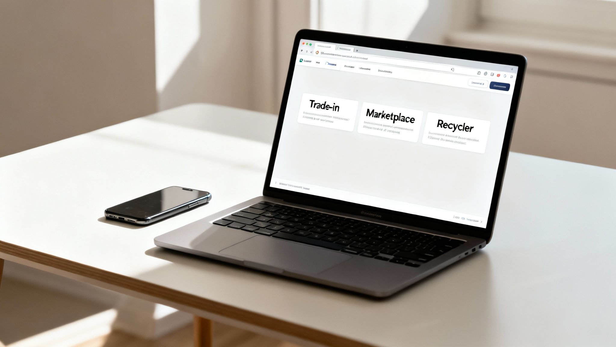 A laptop displaying a website for trade-in, marketplace, and recycling, alongside a smartphone on a white table.
