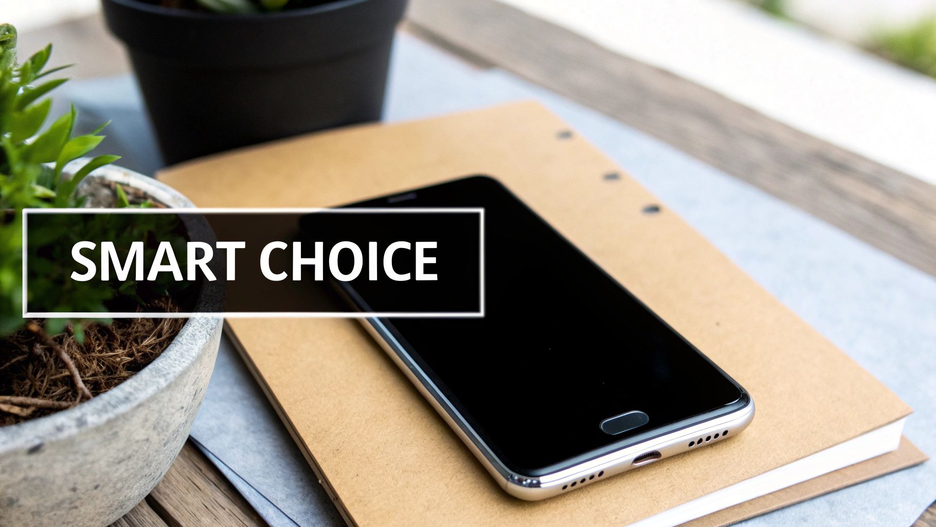 A bright, eco-friendly image showing a phone surrounded by green leaves, symbolising sustainability.