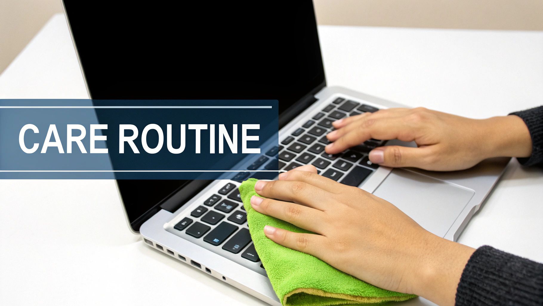 Someone holding a piggy bank with a smiling face, with a second hand Apple laptop in the background.