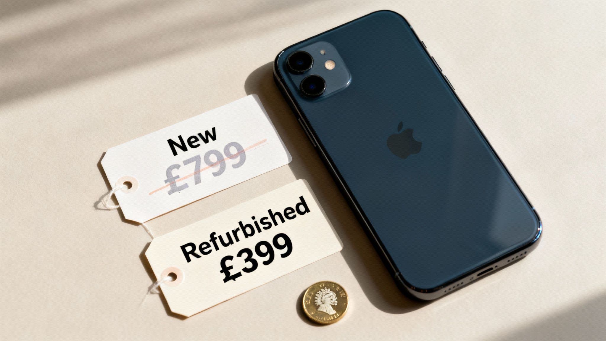 A dark blue iPhone next to two price tags showing 'New &pound;799' crossed out and 'Refurbished &pound;399'.