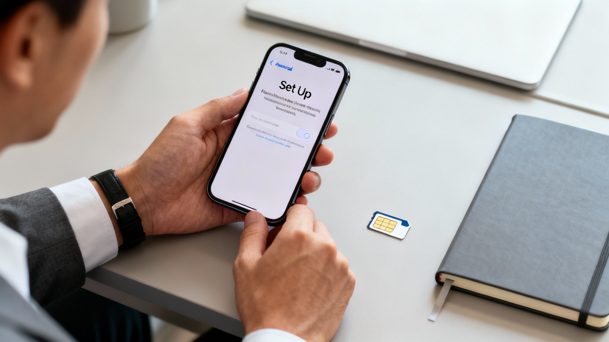A person holds an iPhone displaying the 'Set Up' screen, with a SIM card and notebook on the desk.