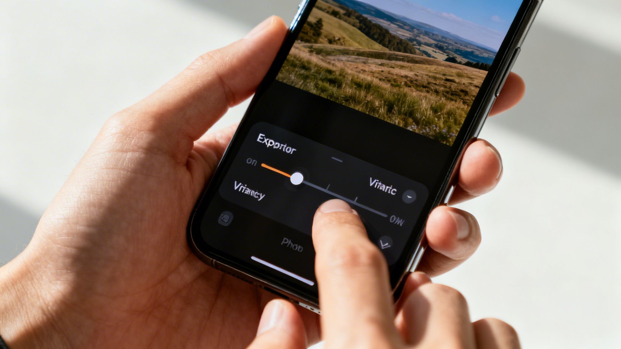 A person's hand adjusts a photo editing slider on a smartphone screen, displaying image enhancement options.