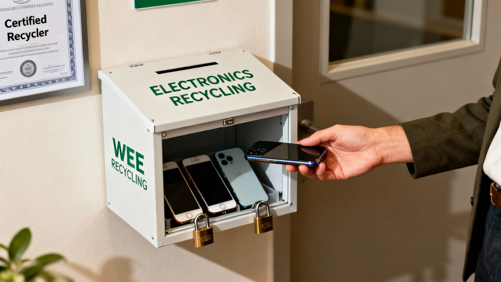 A person places a smartphone into a secure WEE electronics recycling box, with other phones inside.