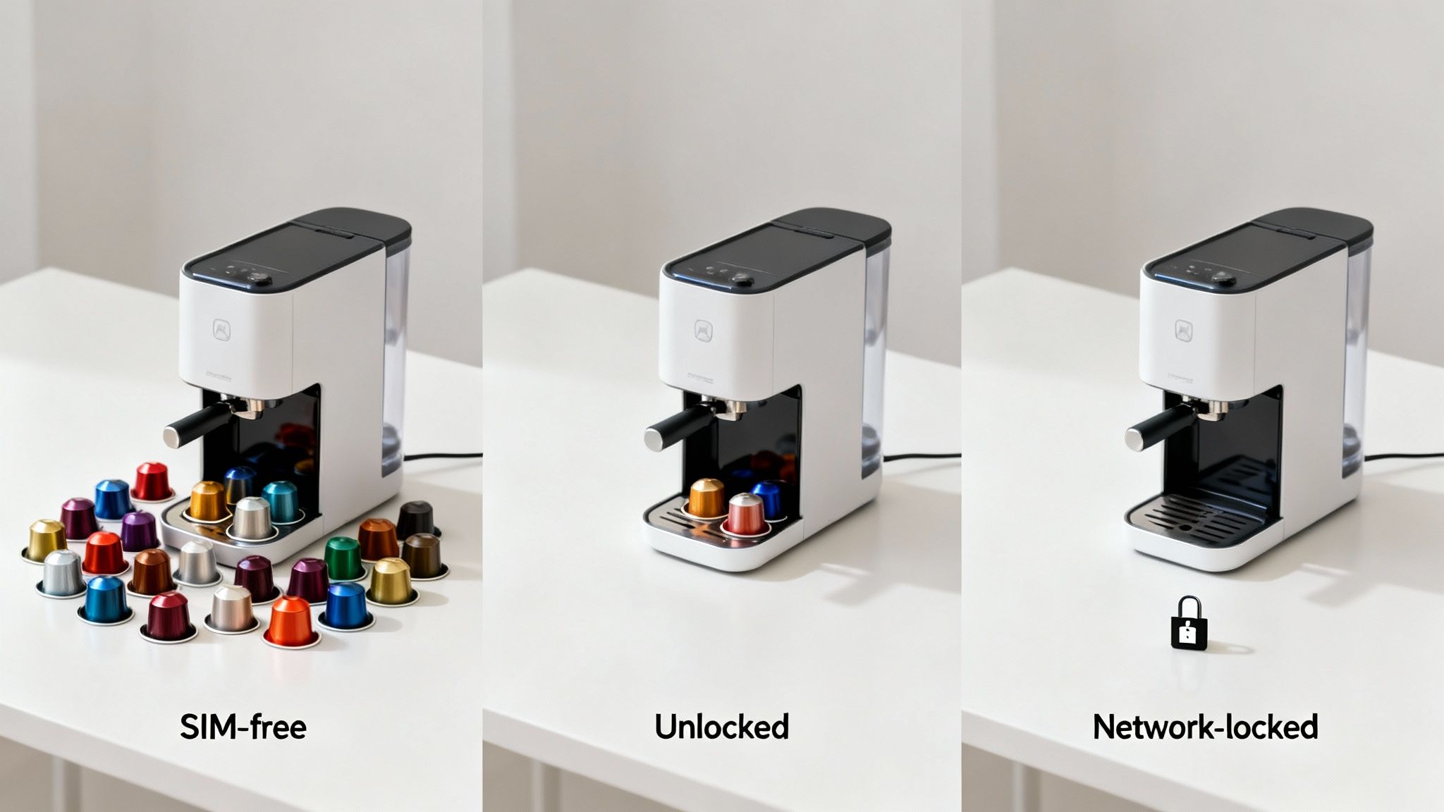 Three coffee machines illustrate SIM-free, unlocked, and network-locked phone statuses with capsule choices.