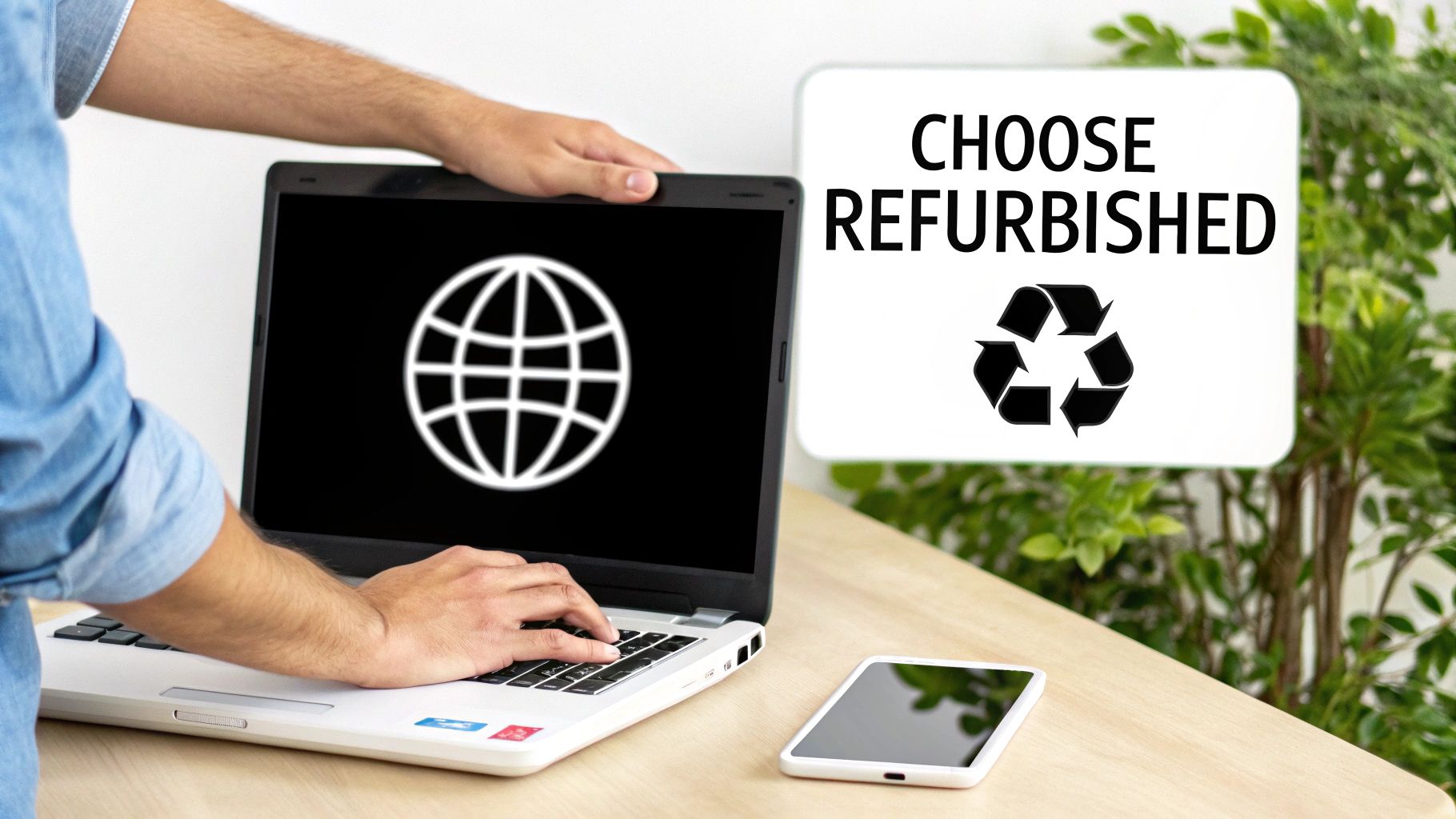 A laptop screen showing a green leaf, symbolising environmental friendliness