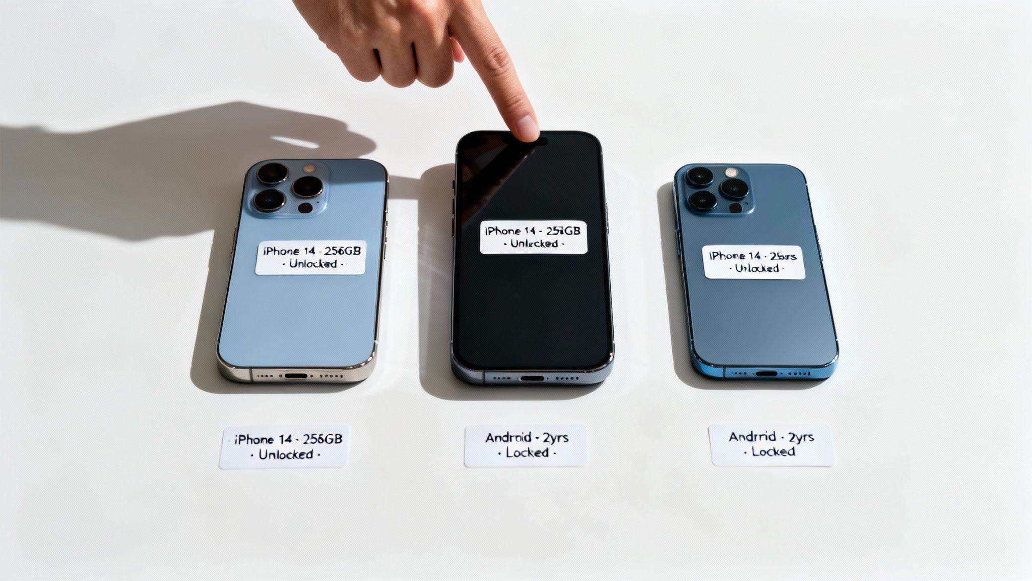 A hand points at a black iPhone 14 between two light blue iPhones, each with descriptive labels.