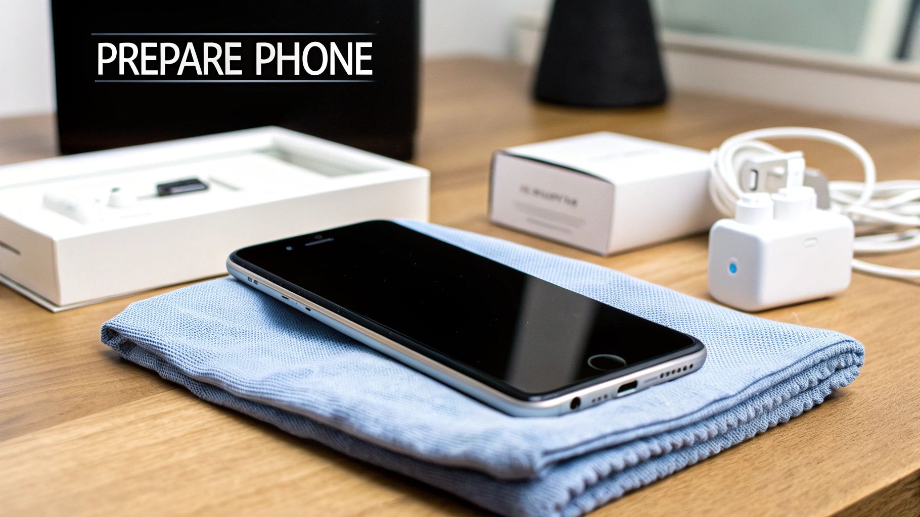 A person wiping a smartphone screen clean with a cloth