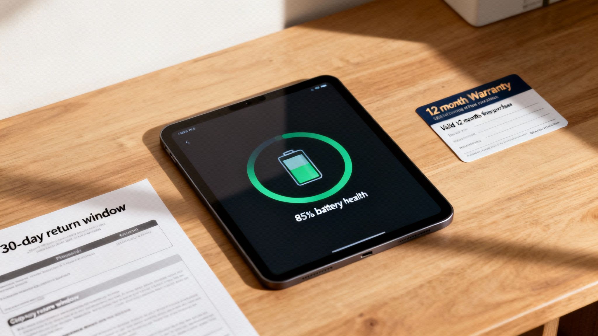 A tablet screen displaying 85% battery health, alongside a warranty card and return document.