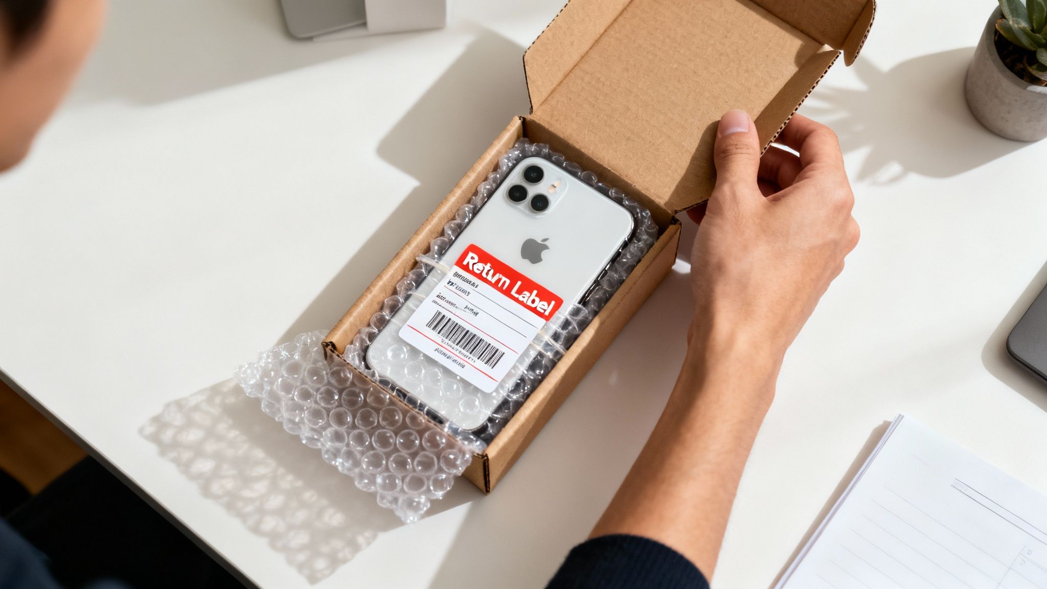 Hands opening a box revealing a white iPhone with a return label and bubble wrap on a white desk.