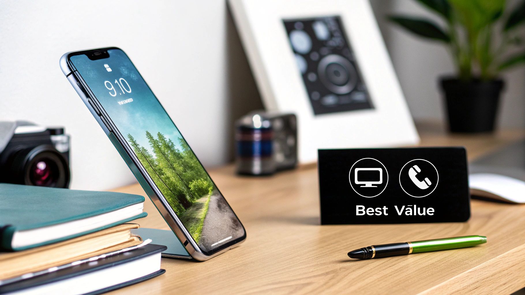 A person holding up a modern smartphone, scrolling through the screen with their thumb.