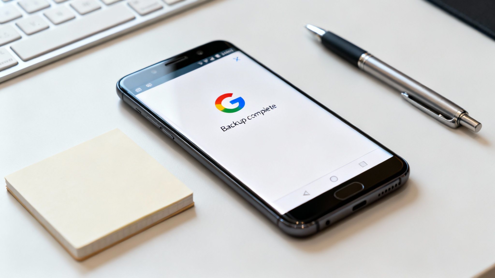 A smartphone displaying 'Google Backup complete' on a white desk next to a keyboard, pen, and sticky notes.