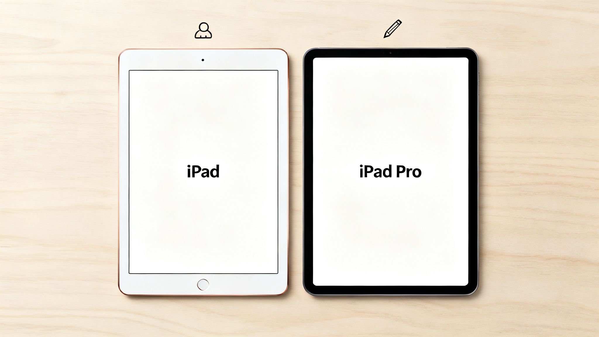 An iPad and iPad Pro side-by-side on a light wood surface, illustrating their different uses.