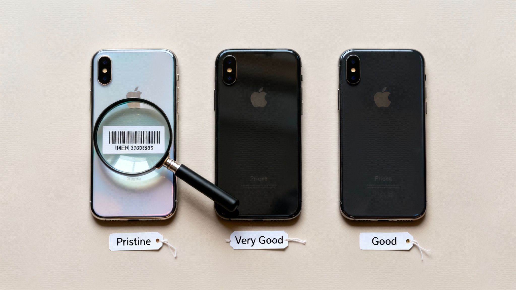 Three refurbished iPhones, labeled Pristine, Very Good, and Good, with a magnifying glass showing an IMEI barcode.