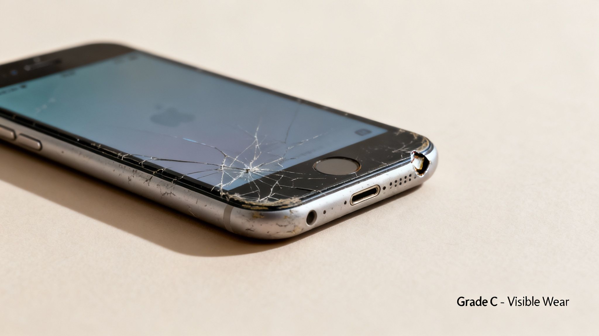 Close-up of a severely damaged, silver iPhone with a cracked screen and visible wear, indicating a Grade C refurbished phone.
