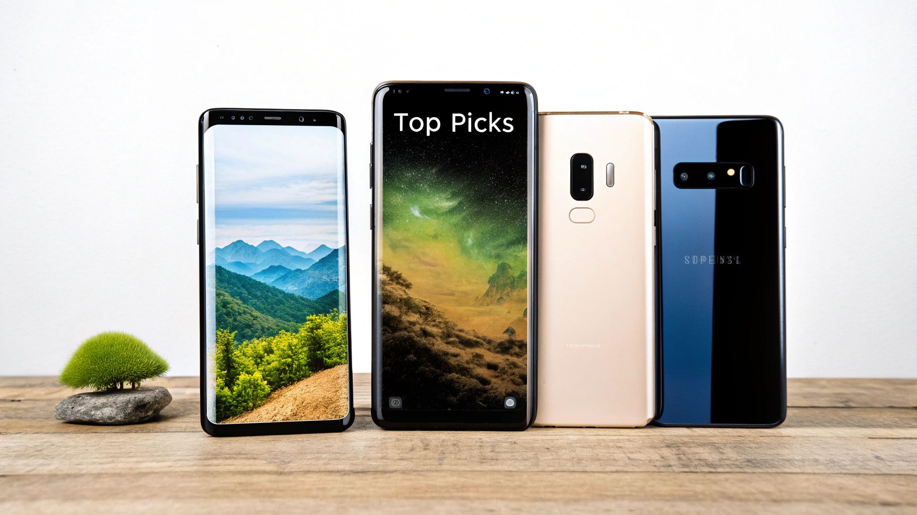 A person's hands holding a refurbished Samsung Galaxy phone, comparing it with other models on a table.